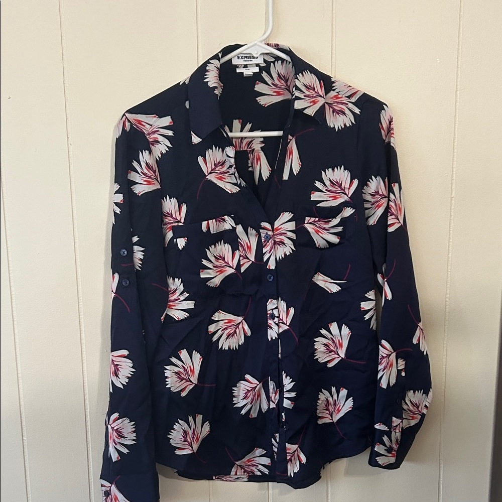 Express Navy Floral Button Down Portofino Shirt small